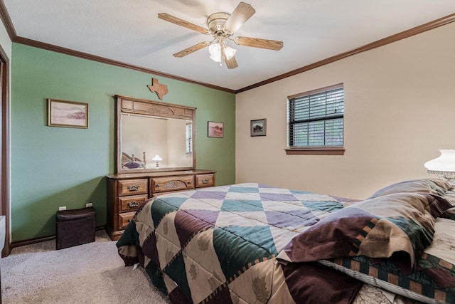 carpeted bedroom with crown molding and ceiling fan