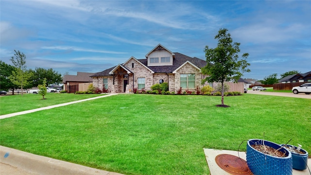 craftsman-style house featuring a shingled roof, stone siding, and a front yard