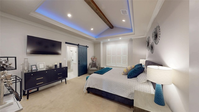 bedroom with lofted ceiling with beams, a barn door, light carpet, recessed lighting, and visible vents