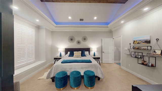 bedroom with recessed lighting, visible vents, light carpet, and a raised ceiling