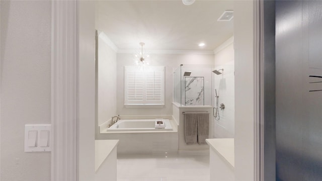 bathroom featuring ornamental molding, a stall shower, a bath, and visible vents
