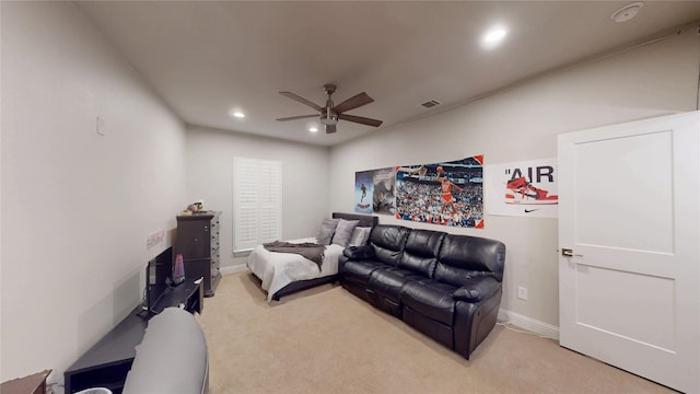 living area featuring light carpet, a ceiling fan, baseboards, recessed lighting, and visible vents