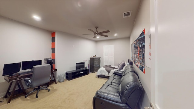 carpeted office featuring recessed lighting, ceiling fan, and visible vents