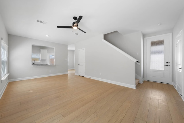 1203 Dye Blvd, Princeton, TX 75407 - unfurnished living room featuring a ceiling fan, visible vents, stairway, and light wood-style floors