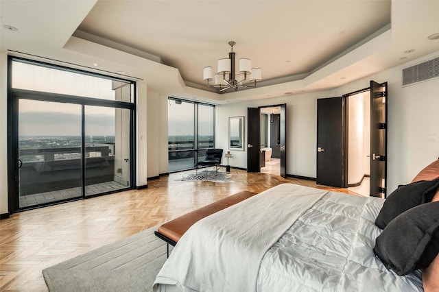 3111 Welborn St Unit 1703, Dallas, TX 75219 - bedroom featuring visible vents, access to exterior, baseboards, a notable chandelier, and a tray ceiling