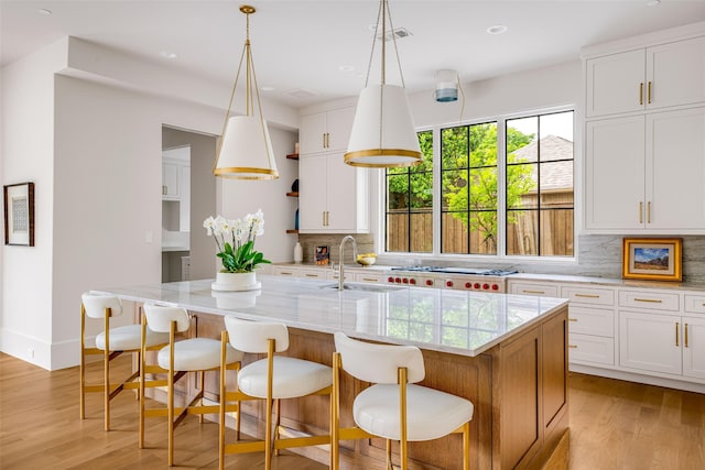 kitchen featuring open shelves, a sink, light wood finished floors, and tasteful backsplash