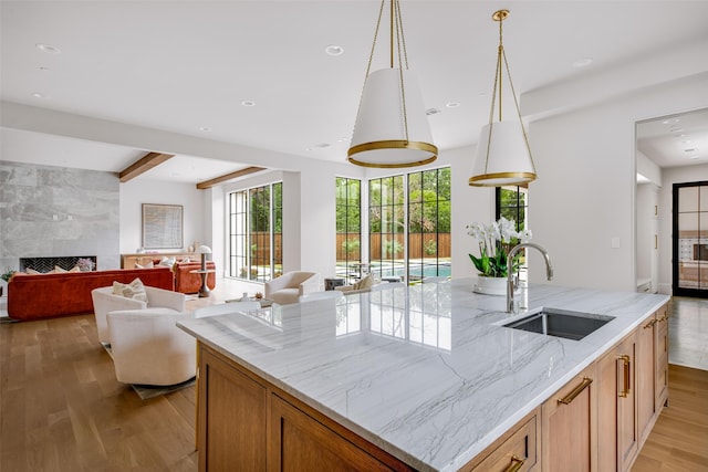 kitchen featuring a sink, a large island, light wood-style flooring, and open floor plan