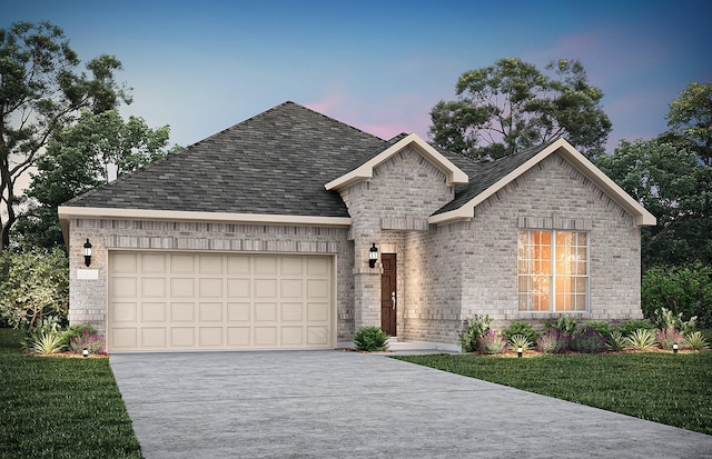 view of front of home with roof with shingles, a garage, brick siding, a front lawn, and concrete driveway