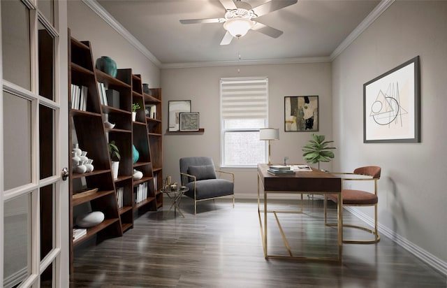living area with crown molding, a ceiling fan, baseboards, and dark wood-style floors