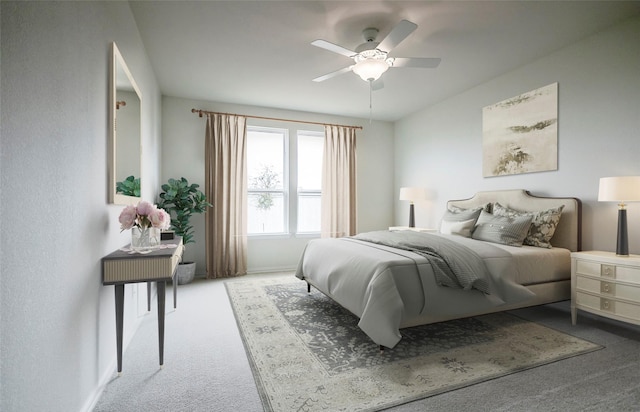 bedroom with carpet floors, ceiling fan, and baseboards