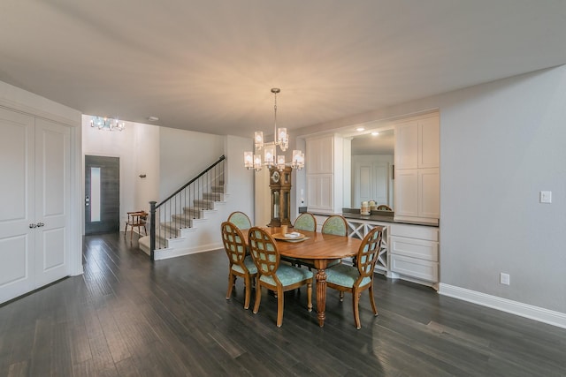 6256 Whitebrush Pl, Fort Worth, TX 76123 - dining area with baseboards, a notable chandelier, dark wood-style floors, and stairway