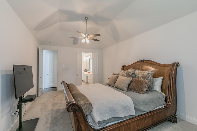 6256 Whitebrush Pl, Fort Worth, TX 76123 - bedroom with ceiling fan, baseboards, lofted ceiling, ensuite bathroom, and light carpet