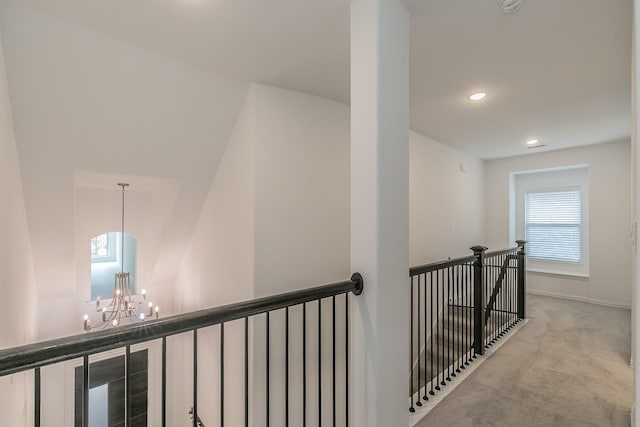 6256 Whitebrush Pl, Fort Worth, TX 76123 - hallway with a chandelier, baseboards, an upstairs landing, carpet flooring, and recessed lighting