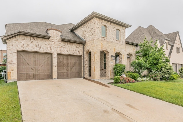 6256 Whitebrush Pl, Fort Worth, TX 76123 - french country home featuring a garage, stone siding, a front yard, roof with shingles, and driveway