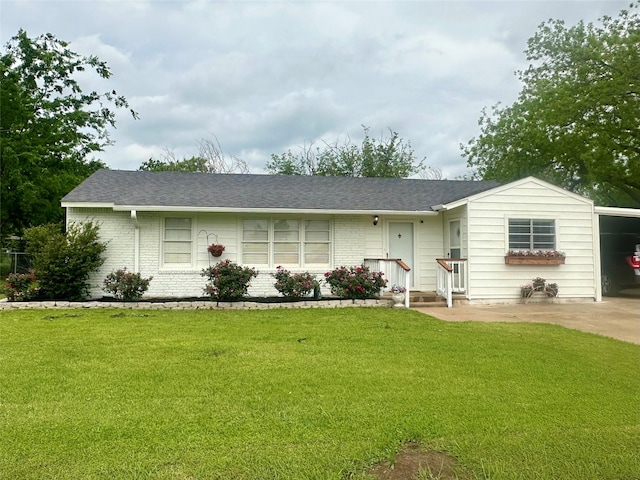 1346 Hillcrest Dr, Graham, TX 76450 - ranch-style house featuring concrete driveway, a shingled roof, a front lawn, and brick siding
