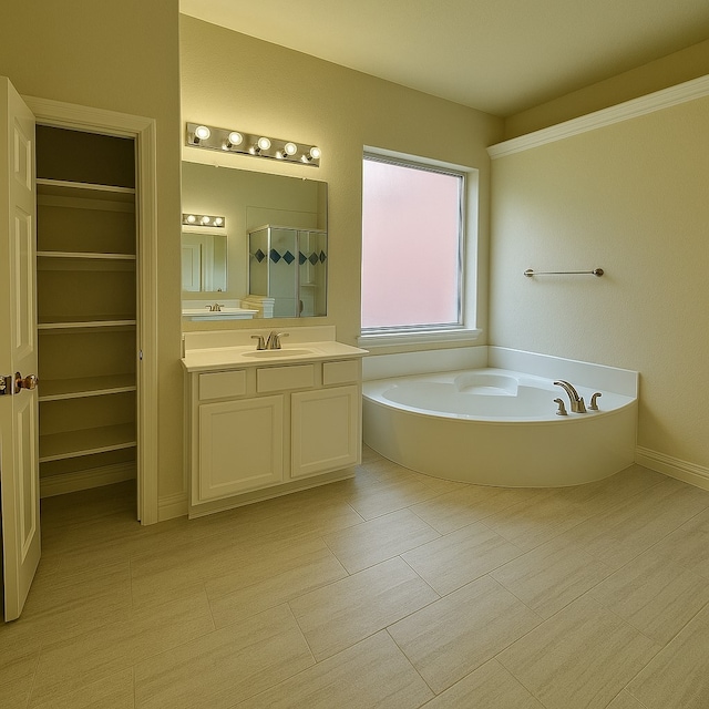 4605 Stargazer Dr, Plano, TX 75024 - full bathroom featuring vanity, a walk in closet, a bath, and a stall shower