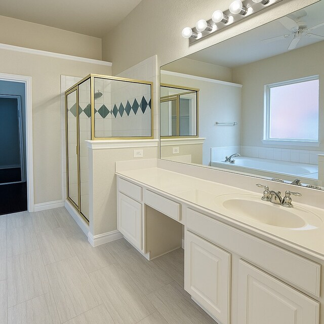 4605 Stargazer Dr, Plano, TX 75024 - full bath with vanity, ceiling fan, a bathing tub, and a shower stall
