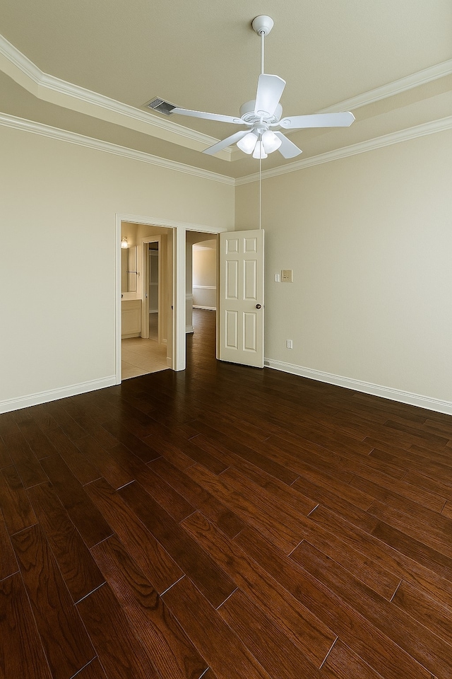 4605 Stargazer Dr, Plano, TX 75024 - unfurnished room featuring crown molding, visible vents, baseboards, ceiling fan, and dark wood-type flooring