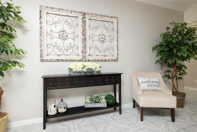 sitting room with baseboards and ornamental molding