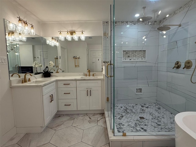 433 Fieldwood Dr, Richardson, TX 75081 - full bathroom with a shower stall, double vanity, marble finish floors, and a freestanding bath