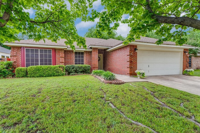 ranch-style house with brick siding, driveway, a front yard, and a garage