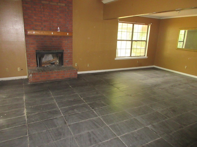 4231 Scenic Dr, Shreveport, LA 71119 - unfurnished living room with crown molding, baseboards, and a fireplace