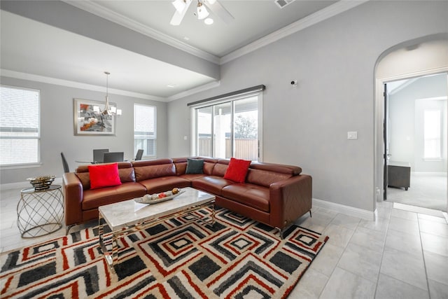 7005 Homestead Dr, Mckinney, TX 75070 - living area with baseboards, ornamental molding, and ceiling fan with notable chandelier