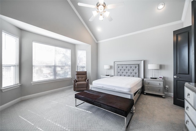 7005 Homestead Dr, Mckinney, TX 75070 - bedroom with crown molding, baseboards, carpet floors, and lofted ceiling