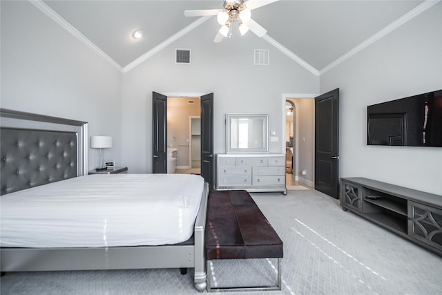 7005 Homestead Dr, Mckinney, TX 75070 - bedroom with crown molding, high vaulted ceiling, visible vents, and carpet