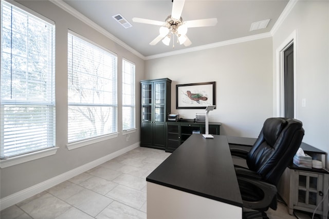 7005 Homestead Dr, Mckinney, TX 75070 - office with a ceiling fan, baseboards, visible vents, and ornamental molding