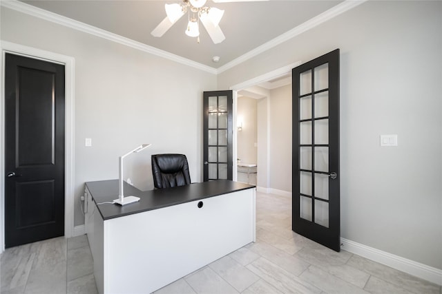 7005 Homestead Dr, Mckinney, TX 75070 - unfurnished office with french doors, a ceiling fan, baseboards, and crown molding