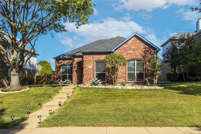 view of front of home featuring roof with shingles, fence, a front lawn, and brick siding