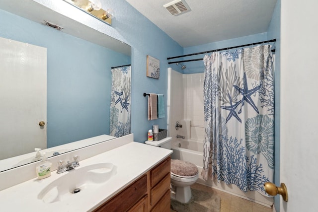 8633 Trinity Vista Trl, Fort Worth, TX 76053 - full bathroom featuring toilet, vanity, shower / bath combination with curtain, and tile patterned flooring