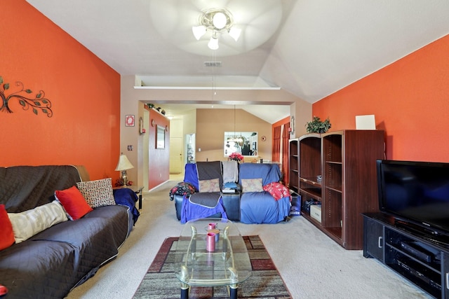 8633 Trinity Vista Trl, Fort Worth, TX 76053 - carpeted living area featuring a ceiling fan and lofted ceiling
