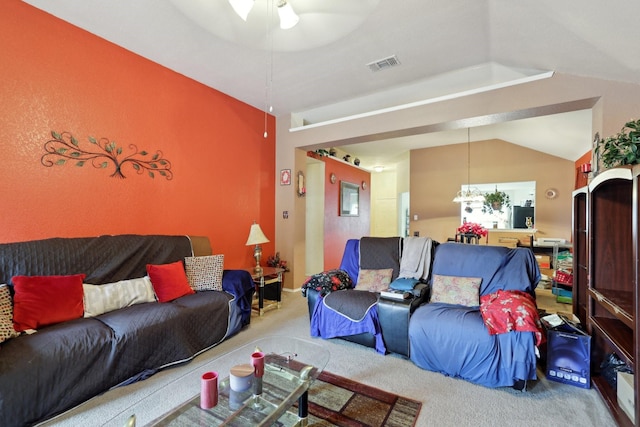 8633 Trinity Vista Trl, Fort Worth, TX 76053 - living area with carpet floors, ceiling fan, and lofted ceiling