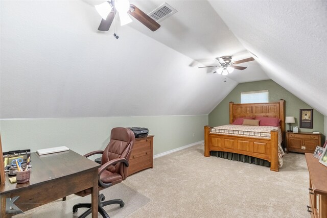 270 Alexandra Dr, Tuscola, TX 79562 - bedroom with vaulted ceiling, light colored carpet, a desk, ceiling fan, and baseboards
