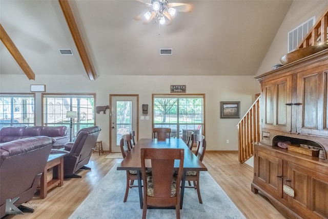 270 Alexandra Dr, Tuscola, TX 79562 - dining room with ceiling fan, stairway, light wood-style floors, beamed ceiling, and baseboards