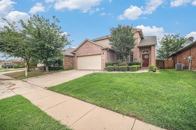 2100 Leandra Ln, Fort Worth, TX 76131 - view of front facade with a garage, a front lawn, central AC, brick siding, and concrete driveway