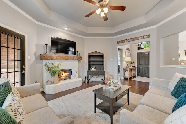 living area with baseboards, ceiling fan, wood finished floors, a raised ceiling, and a fireplace