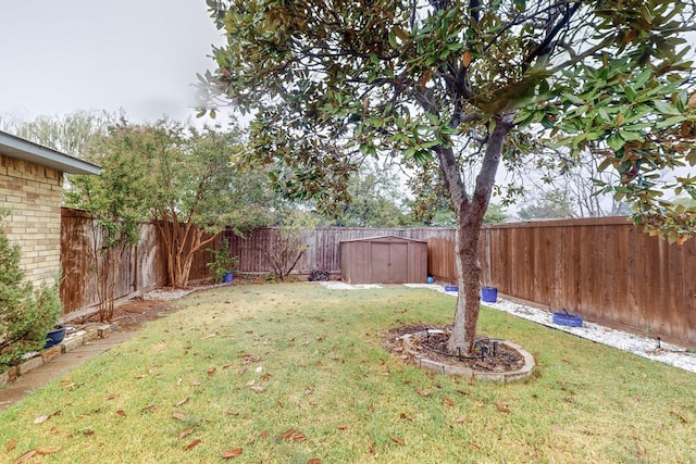 view of yard with a storage shed, an outbuilding, and a fenced backyard