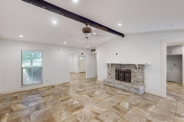 unfurnished living room with a ceiling fan, visible vents, a fireplace, baseboards, and lofted ceiling with beams