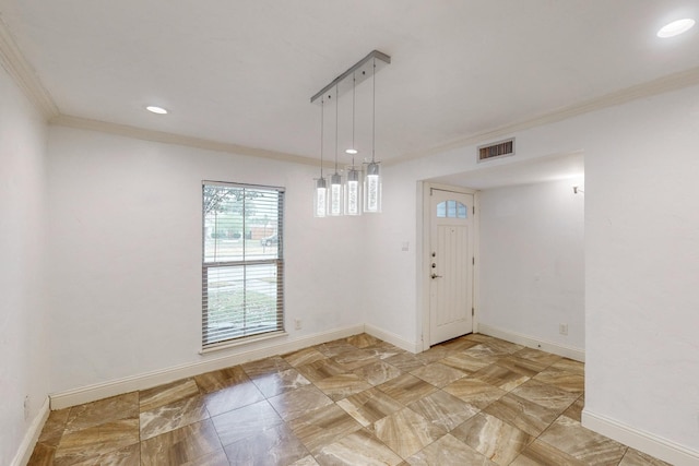 unfurnished dining area featuring crown molding, baseboards, recessed lighting, and visible vents