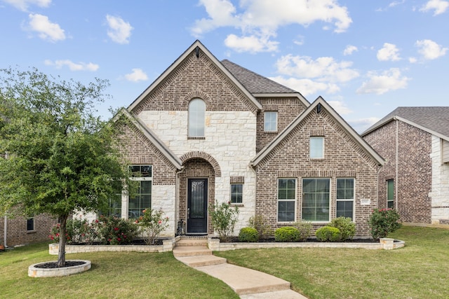french country style house with stone siding, brick siding, and a front yard