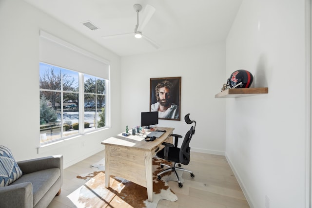 1 Mimosa Pl, Richardson, TX 75080 - office with ceiling fan, visible vents, baseboards, and light wood finished floors