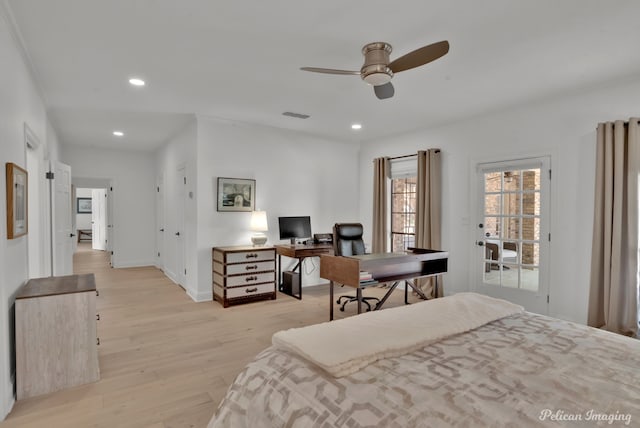 314 Gentilly Cir, Shreveport, LA 71106 - bedroom featuring visible vents, baseboards, ceiling fan, recessed lighting, and light wood-style flooring