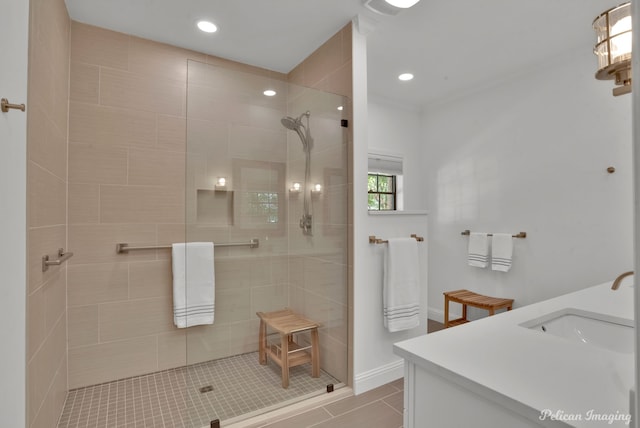 314 Gentilly Cir, Shreveport, LA 71106 - full bathroom featuring vanity, tile patterned flooring, walk in shower, and recessed lighting