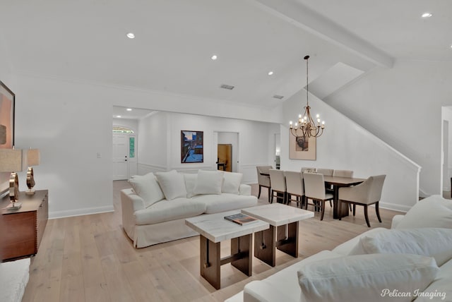 314 Gentilly Cir, Shreveport, LA 71106 - living area featuring lofted ceiling with beams, a chandelier, light wood-style flooring, recessed lighting, and baseboards