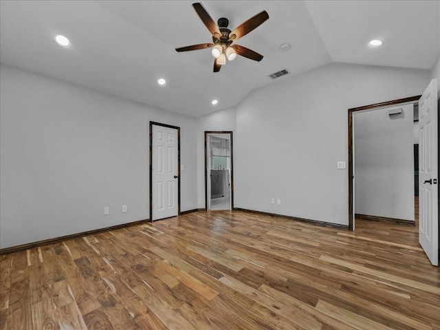 unfurnished bedroom featuring ceiling fan, light wood-style flooring, recessed lighting, lofted ceiling, and visible vents