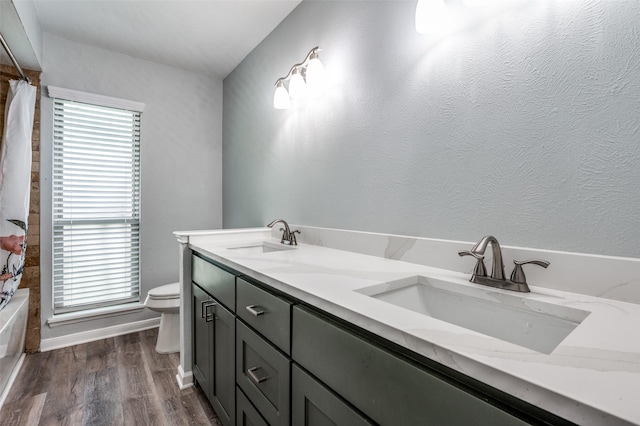 full bath with a sink, a shower with shower curtain, wood finished floors, and toilet