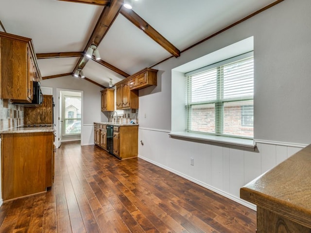 kitchen featuring decorative backsplash, brown cabinetry, dark wood finished floors, dishwasher, and lofted ceiling with beams